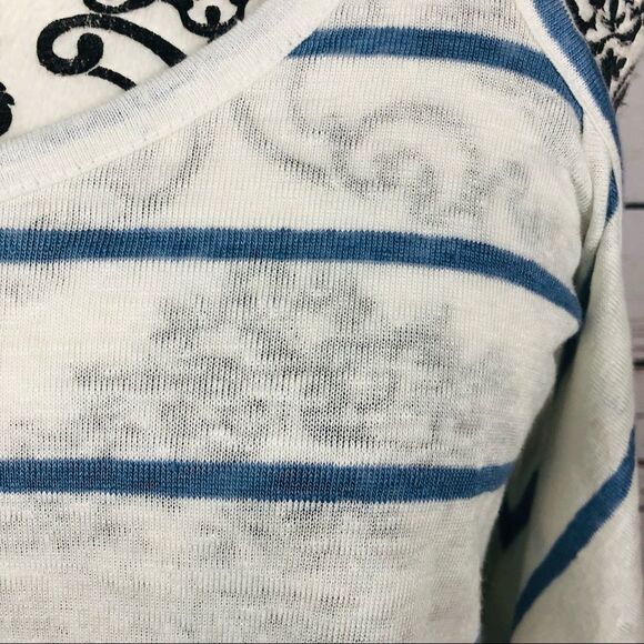 CHASER Striped Linen Cold Shoulder Ruffle Crossover Back Top Shirt White Blue XS - Picture 3 of 10